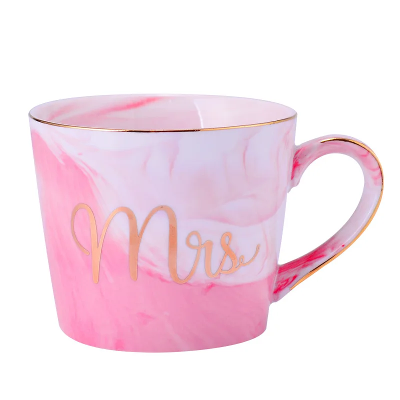 

Wholesale Ceramic Coffee Mug Mr and Mrs Tea Milk Cup With Gold Rim, Pink;gray