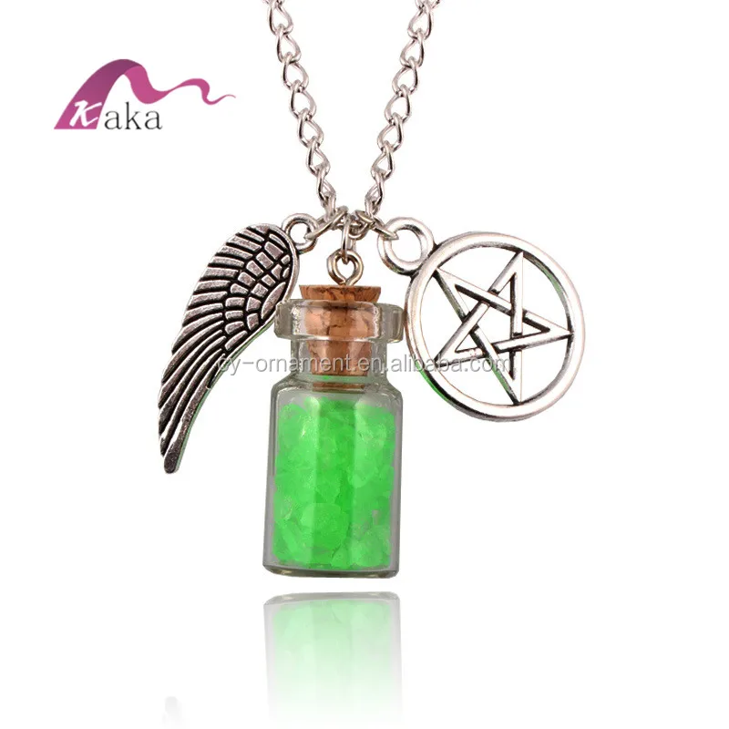 

New Supernatural Evil Forces United States Foreign Trade Glass make-a-wish bottle salt Shaker Pentagram wing necklace pendant, Picture shows