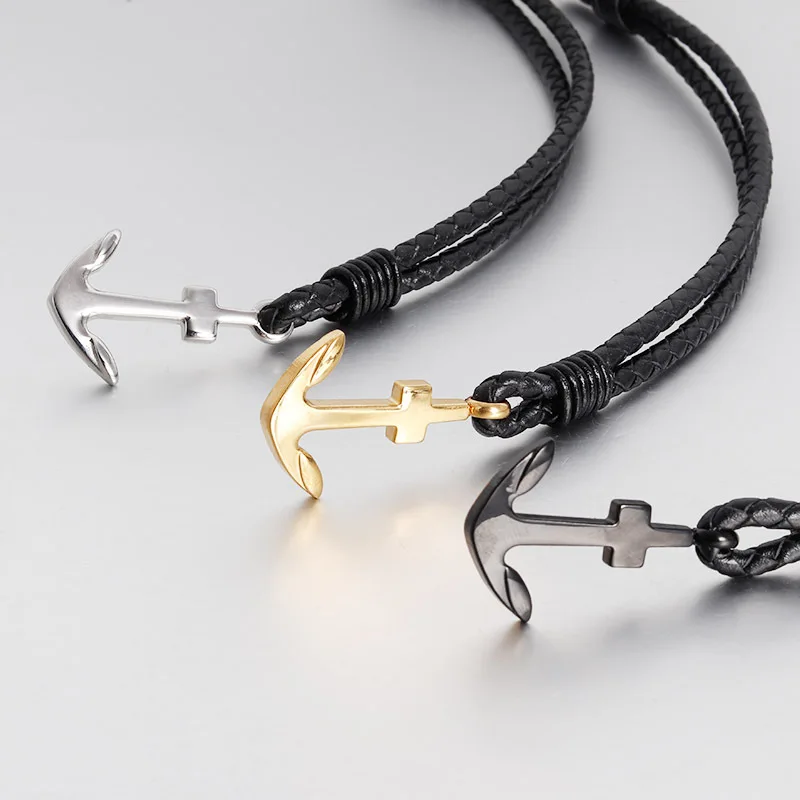 

Design Anchor rope bracelet stainless steel jewelry real leather with steel anchor bracelet for men, Custom