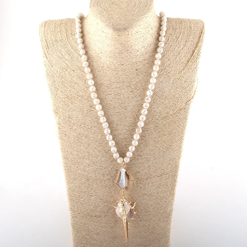 

Fashion Jewelry Women Ethnic Necklace 8mm White Stone Knotted Shell Pendant Necklaces, Picture shows