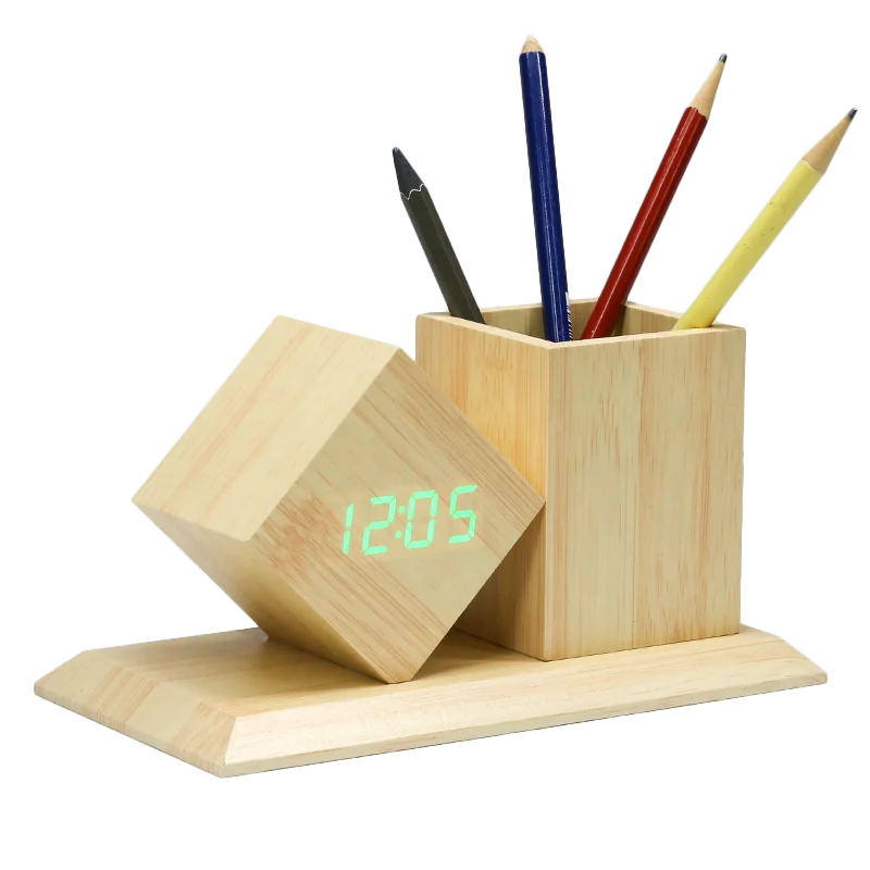 

KH-WC010 KING HEIGHT Newest LED Digital Desk Wooden Table Clock with Pen Stand