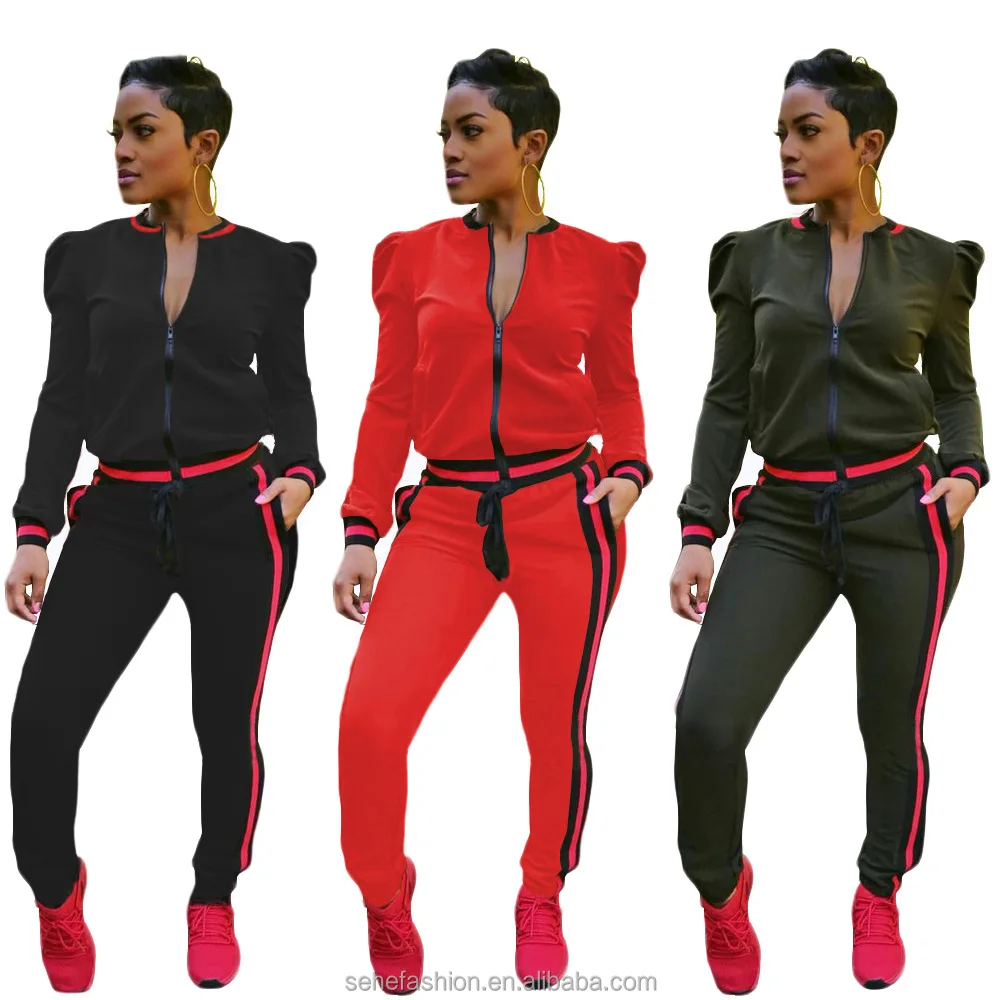 

1018-CM2 stylish lady puff sleeve design thick 2 piece jackets and pants sets
