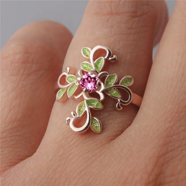 

1PC Women Fashion Ring Zirconia Rose Gold/Silve Dripping Oil Style Jewelry Cross Green Leaves