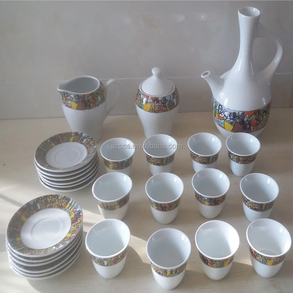 

Jebena Ethiopian coffee Set sheba art coffee cup set 28pc, White