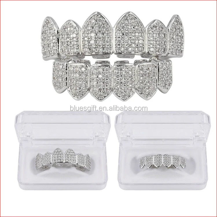 Blues wholesale bling 18K White Gold Plated Custom Slugs Cubic Zirconia Micro Pave cz teeth grillz for punk Halloween jewelry