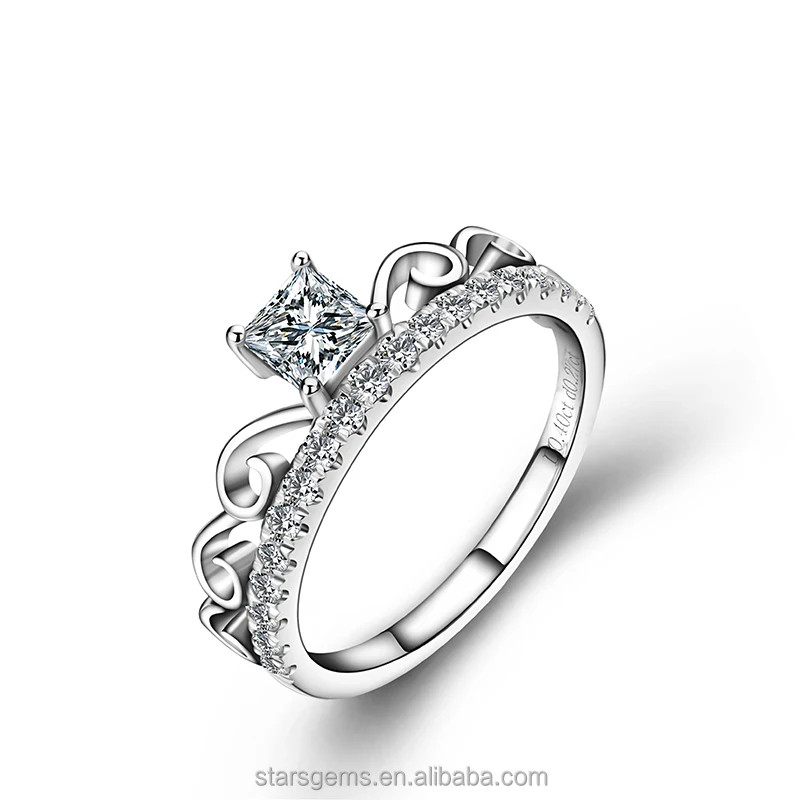 

fashionable crown designs DEF white princess cut 1carat moissanites diamonds 18k white gold jewelry engagement ring
