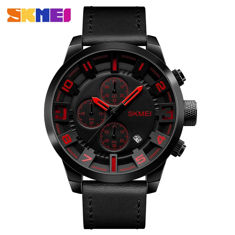 

SKMEI mens Watches Men Big Dial Stopwatch Leather Strap 30M Waterproof Wristwatches Male Clock Watches Men Fashion Watch 2018