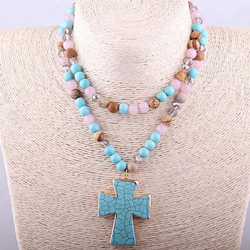 

Fashion Turquoise Lariat Necklace Natural Stone Pink Quartz Pic Jasper Beads Cross Pendant Necklace, Picture shows