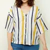 women fashion bubble crepe stripe button down short sleeve blouse
