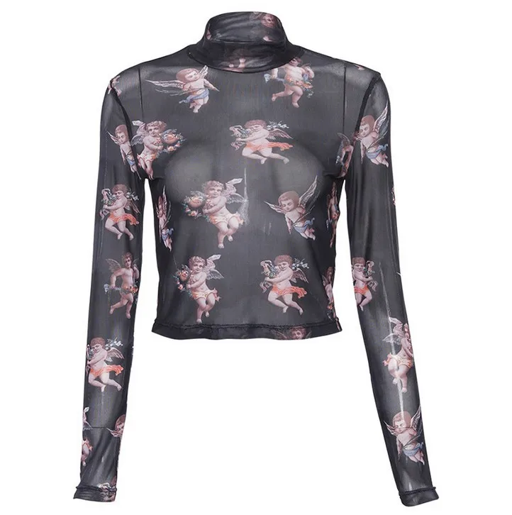 

X87777B spring printed women sexy black transparent mesh t-shirt, As picture