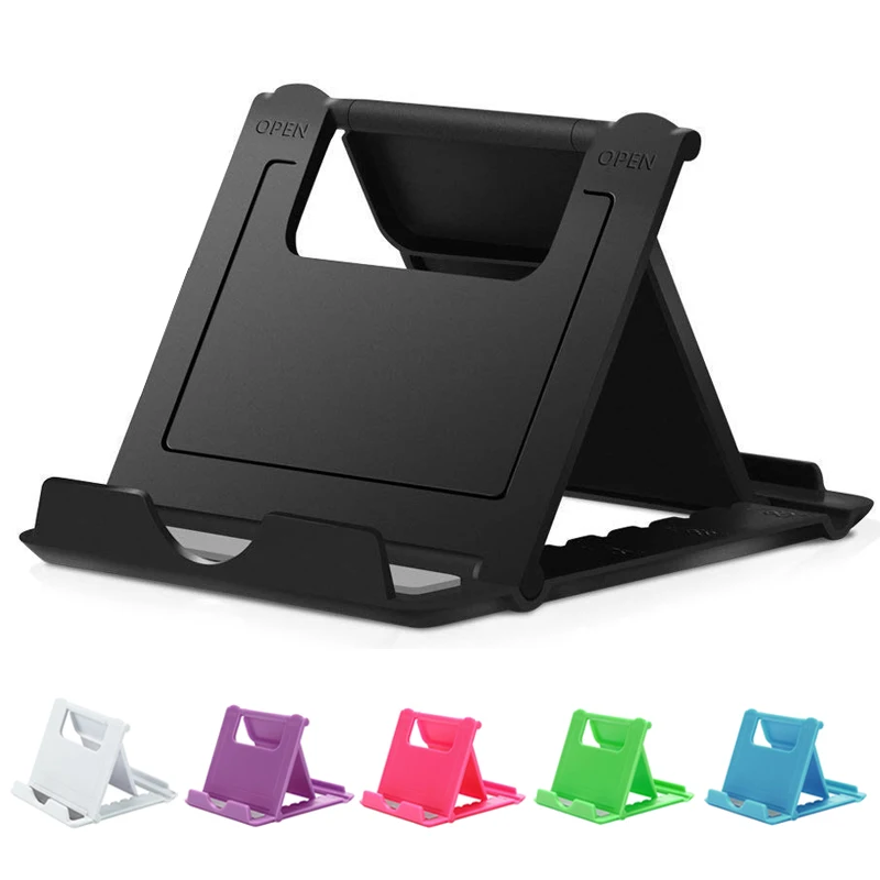 

Portable universal adjustable foldable plastic tablet cell phone stand holder for desk with Laser and Screen printing logo, Black white green blue pink, purple.