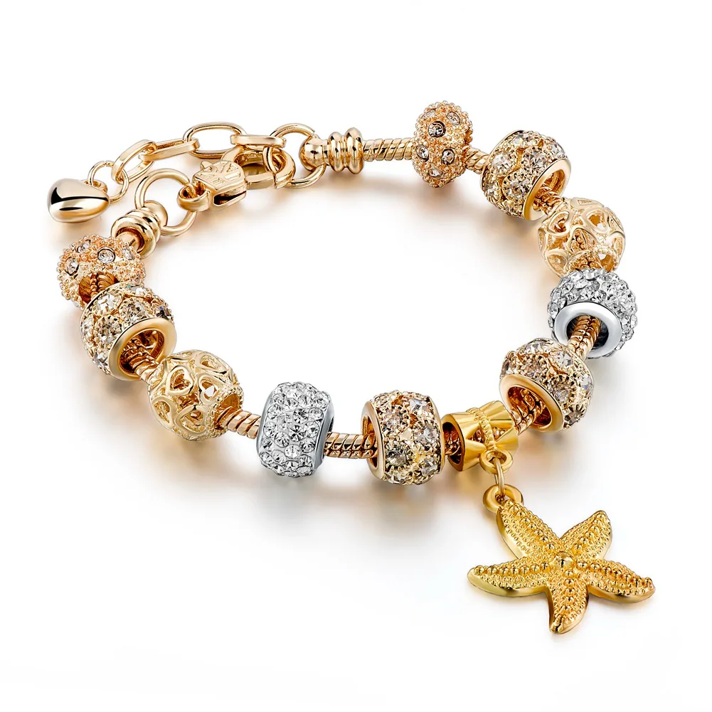 Gold Color Bead Charm Bead Bracelet With Purple Crystal Heart And Key