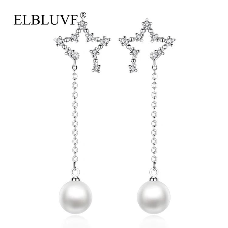 

ELBLUVF Copper Alloy Zircon Women Jewelry 925 Silver Plated Star Shape Pearl Earrings, White gold