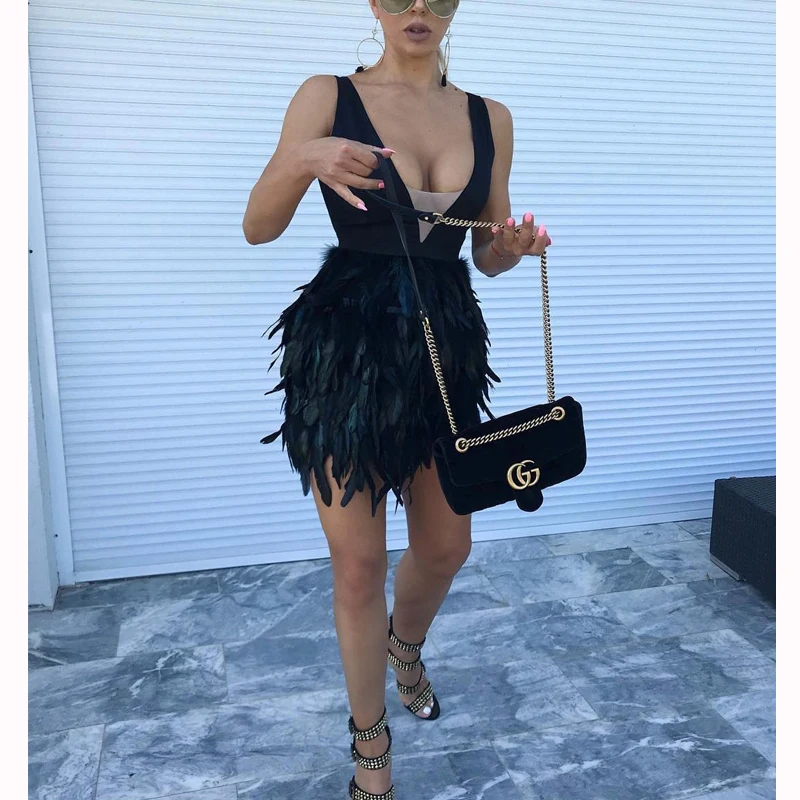 

2018 New Wholesale V Neck Plume Women Dresses Sexy Short Mini Feather Dress, Shown
