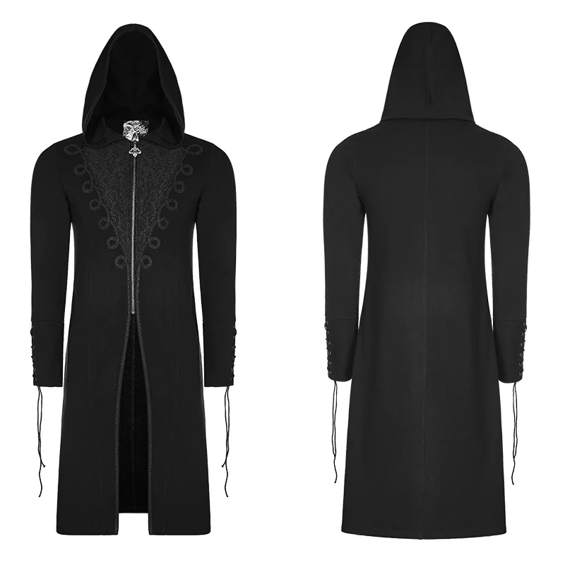 WY876 Gothic luxury embroidery breast half zipper men hooded winter long coat