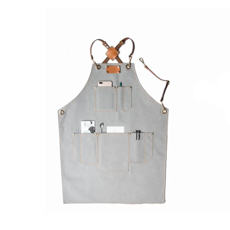 

Hot-selling Fashion Grey Canvas Work Apron With Leather Belt