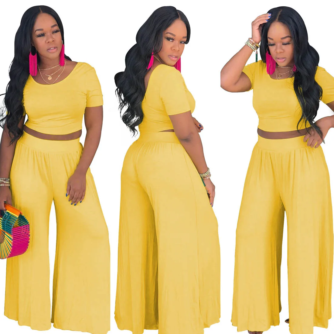 In Stock Solid Color Crop Top And Wide Leg Pant 2 Piece Women Set - Buy ...