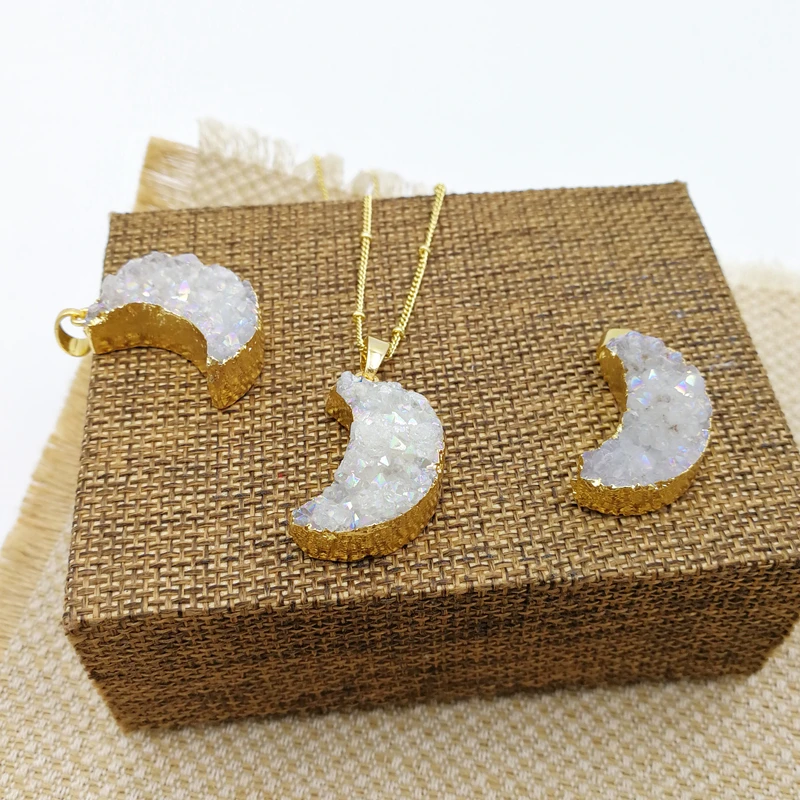 

Natural crystal opal white drusy quartz lovely angel druzy crescent moon necklace with gold dipped jewelry, White druzy necklace