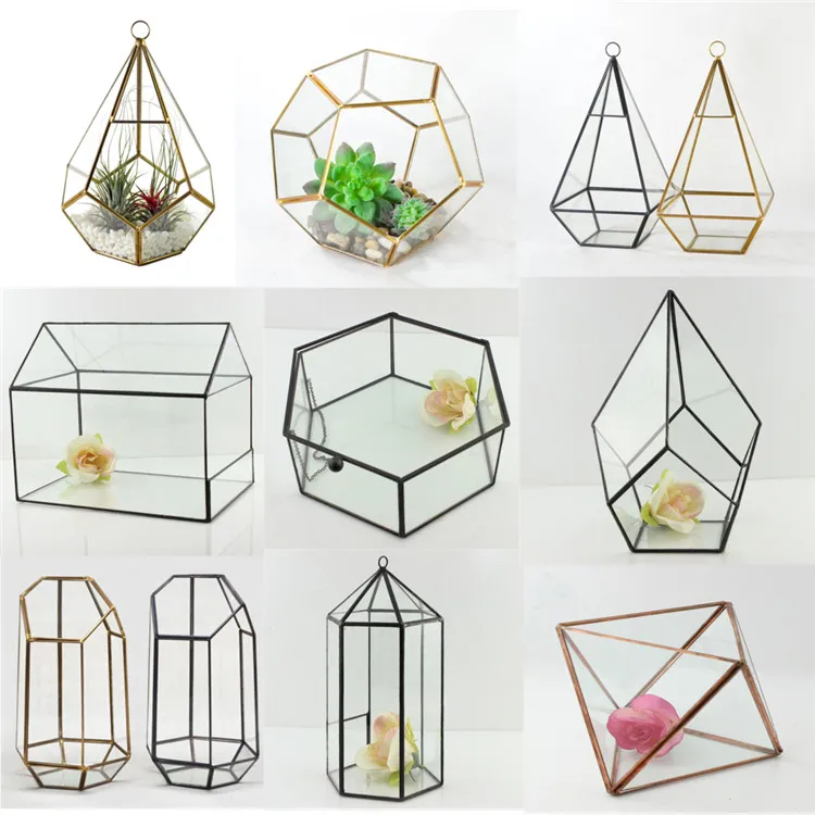 Gold/ Black House Shaped Glass Box Flower Pots Planters Succulents