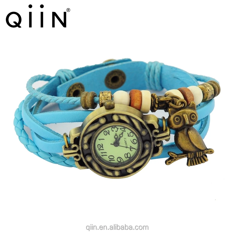 

QU0222 vintage leather watch with owl pendant