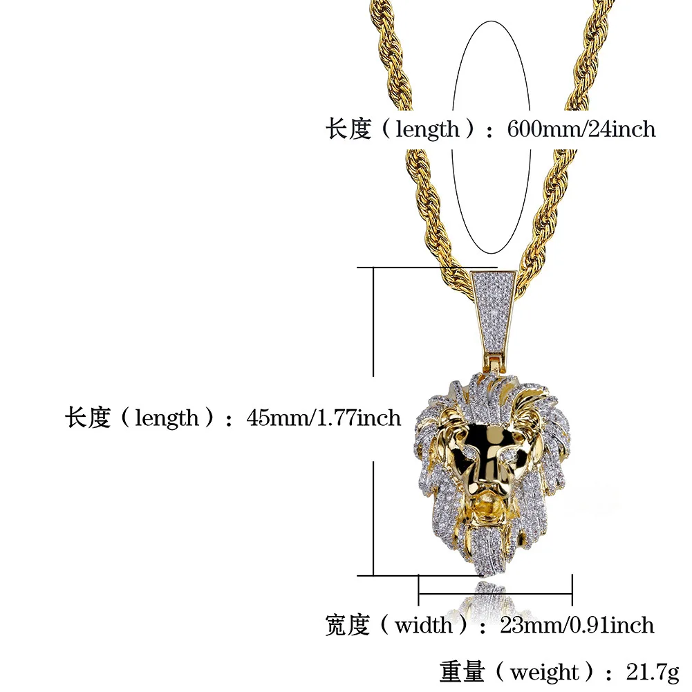 Real Gold Plated Zircon Lion Head Hiphop Men's Hanging Necklace