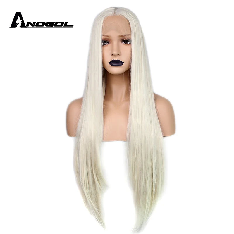 

Anogol Platinum Blonde Long Silky Straight 180% Density Heat Resistant Synthetic Lace Front Wig For White Women