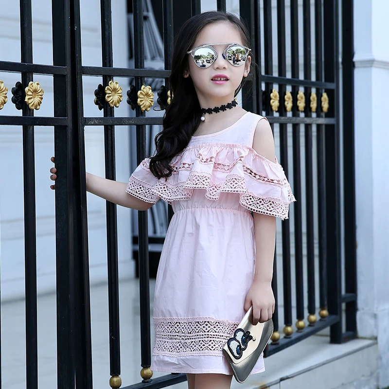 

Factory Price Kids Cotton Lace Skirt Off- shoulder Girls Princess Dress, White, yellow, pink