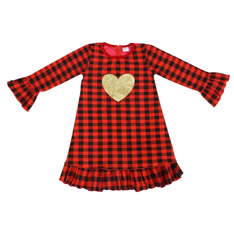

Fall Boutique Kids Clothing Wholesale Long Sleeves Red Checked Dress Christmas Baby Girl Cotton Ruffle Dress Design, Picture