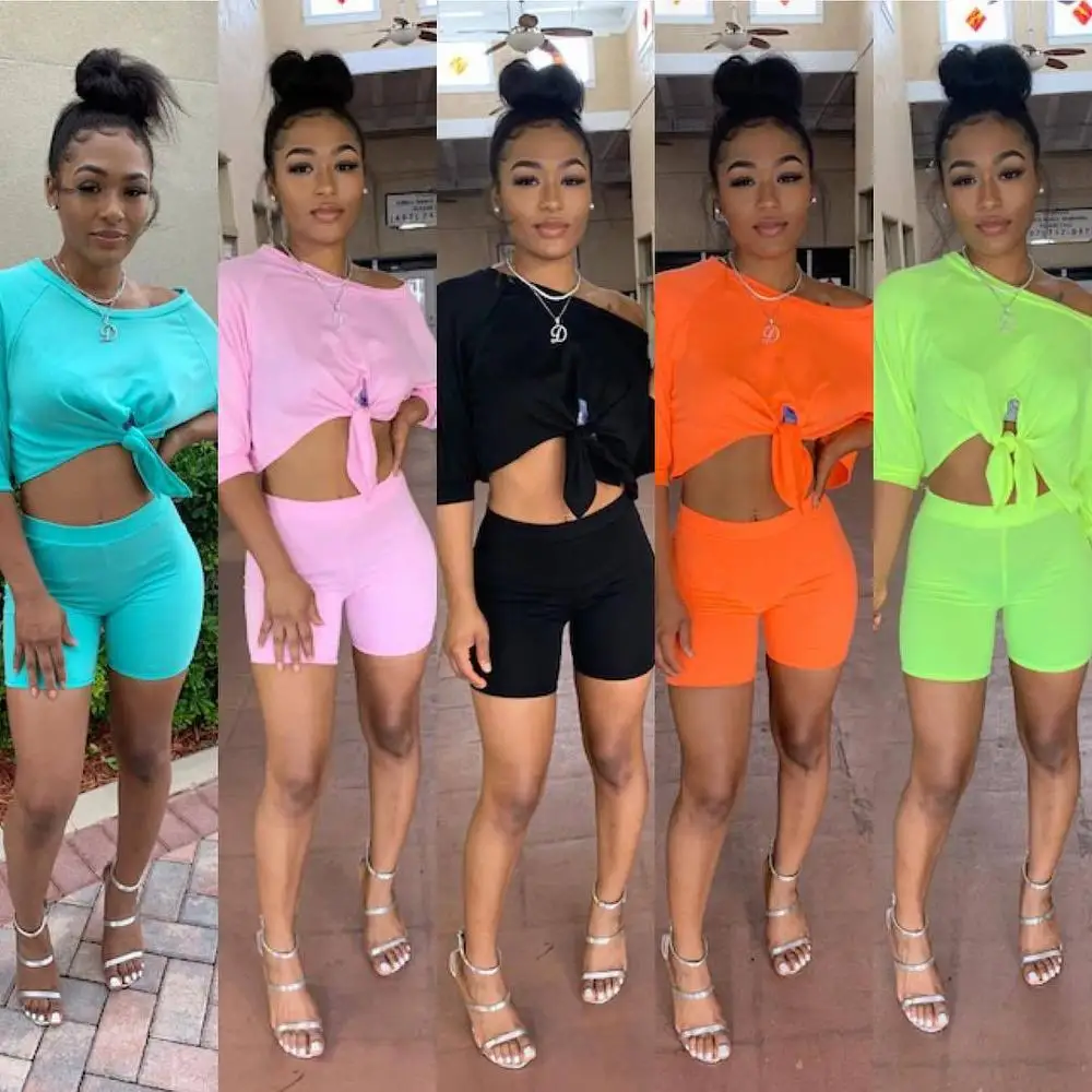 

2019 Solid Colour Crop Tops Bow Bondage casual Style Halff sleeve Women's Summer Two Piece Sets Outfit Shorts, Sky blue. pink black yellow orange .green