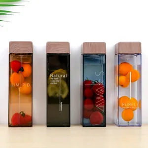 Image of Hot Sale 500ml Fashion Design Wood Grain Lid Square Shaped Water Bottle Amber Square Bottle
