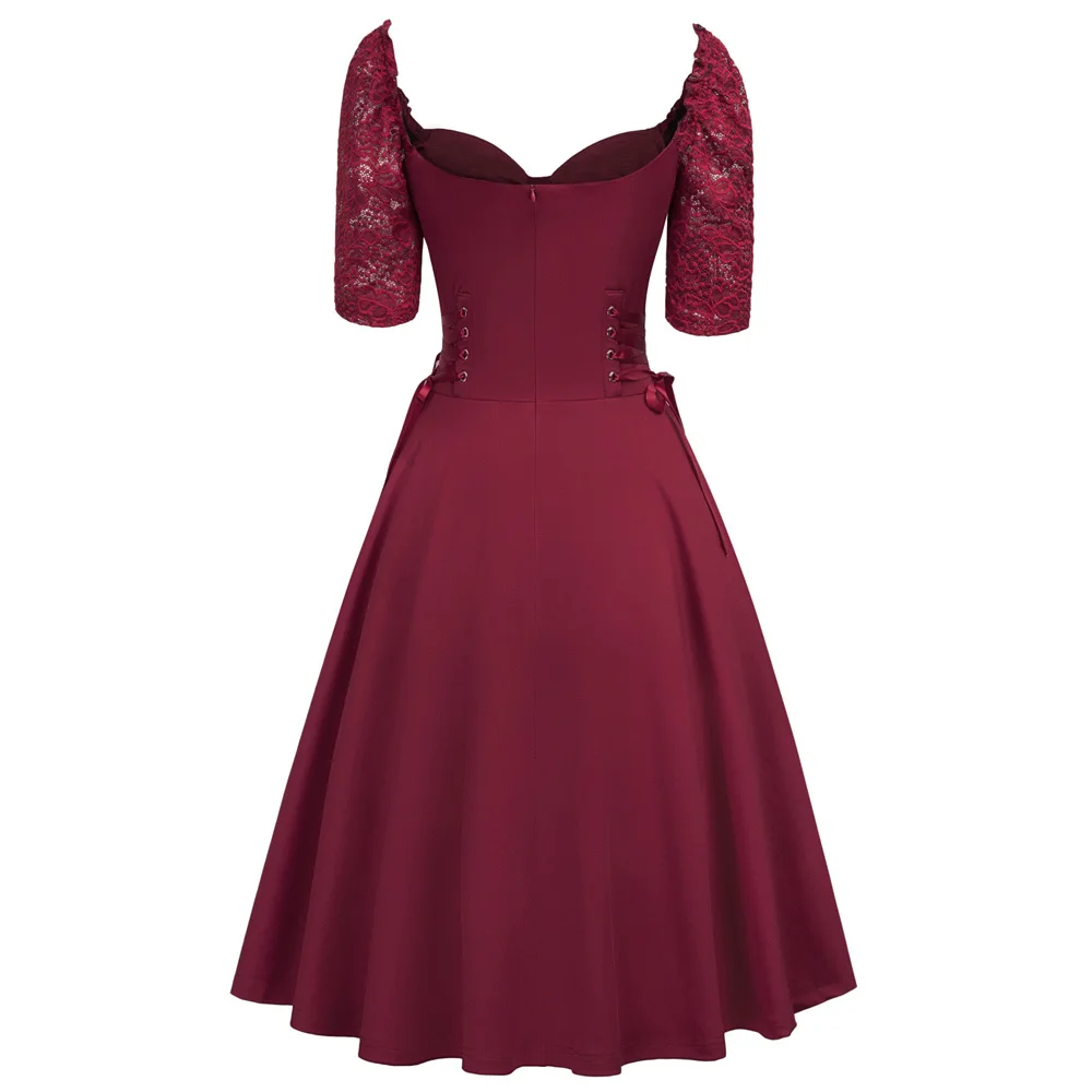 wine red 1950s back lace up dress