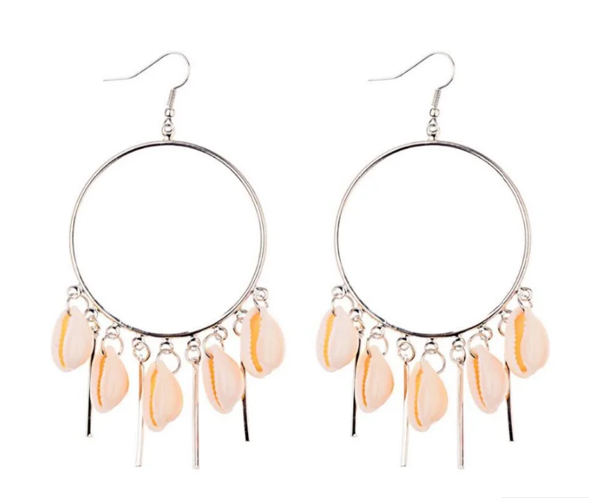 

New Fashion Gold Color Metal Shell Earring for Women Circle Statement Earrings Exaggerated Tassel Brincos 2019 Beach Jewelry, Silver gold