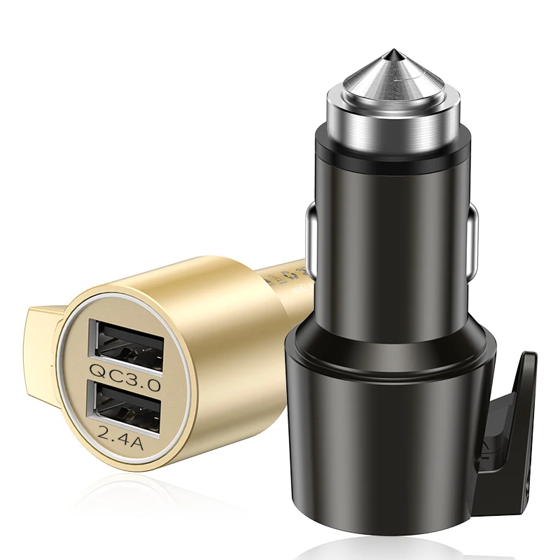 

Hot Selling Small Screw Dual-Usb Quick Charge Car Charger 36W QC3.0 also act as life hammer and seat belt cutter, Grey;gold