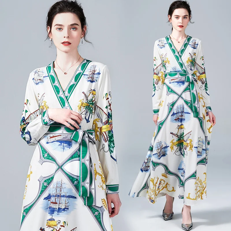 

V Neck Wide Sleeve Royal Print Leopard Belt Long Dress