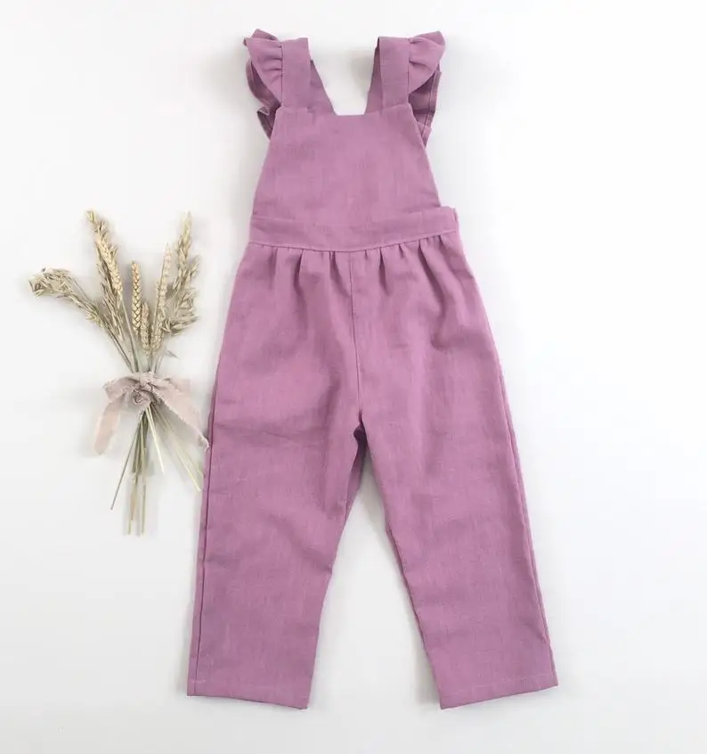 

children fashion plain flutter sleeve full length cotton linen bodysuit baby girl ruffle romper, 3 colors