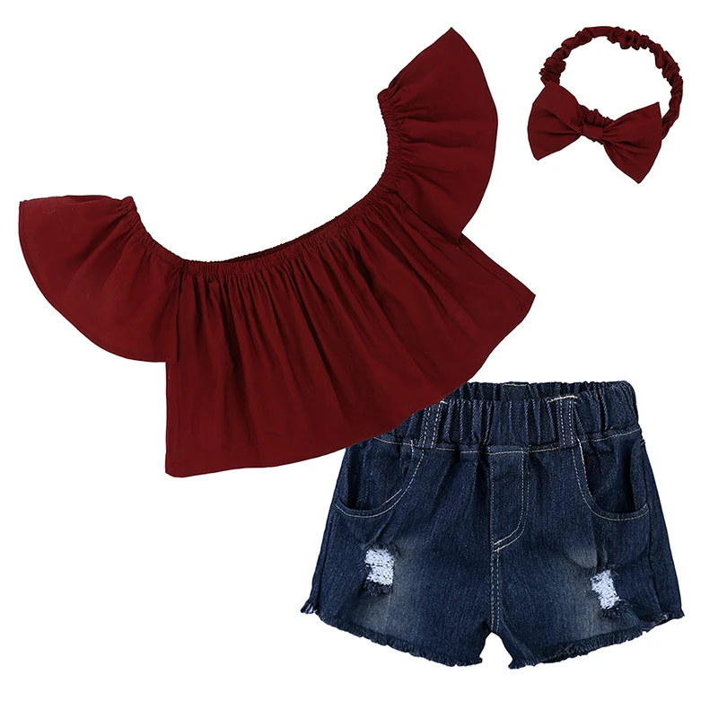 

Little Girls Off-Shoulder Ruffle Top Denim Shorts Outfit Kid Clothing Set with Scarf, Romper as shown or customed