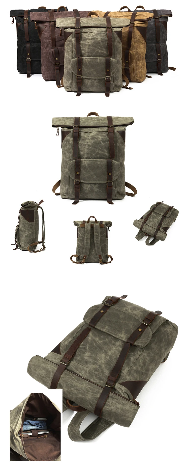 Outdoor high quality waxed canvas large capacity waterproof hiking travelling backpack bagpack back pack bag