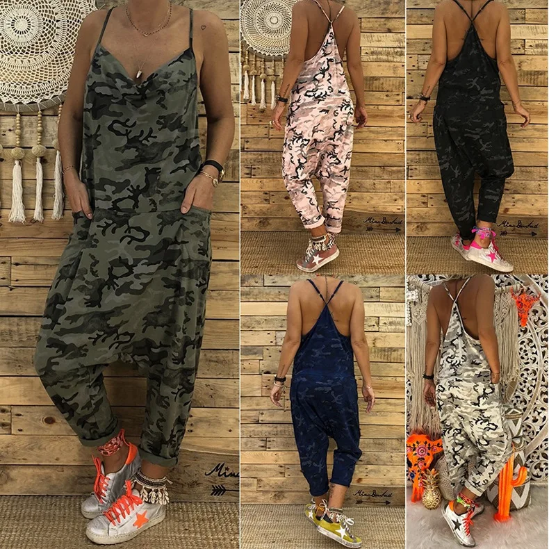 

Wish Top Design Women Strap Jumpsuit Summer Loose Camouflage Overall Jumpsuit, White, black, pink, dark blue, army green