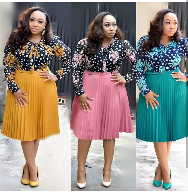 

YQ535 African Midi Dresses Women Office Casual Chiffon Long Sleeve Vintage Print Splice Pleated Plus Size Autumn Dress, As shown