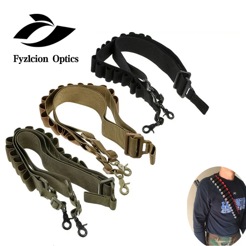 

2 Point Rifle Shotgun Gun Sling Bandoleira 15 Shell Ammo Holder 12Ga 20Ga, Black tan green