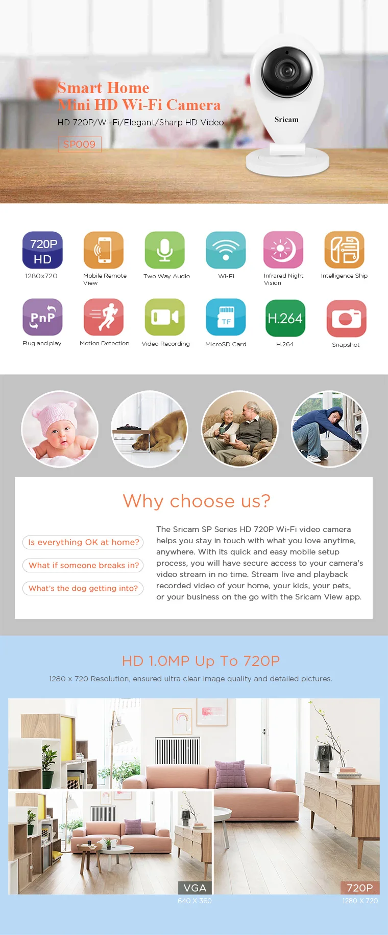 Sricam Smart Wifi/wireless Infrared Mini Night Vision IP Camera With Speaker for smart home CCTV Camera