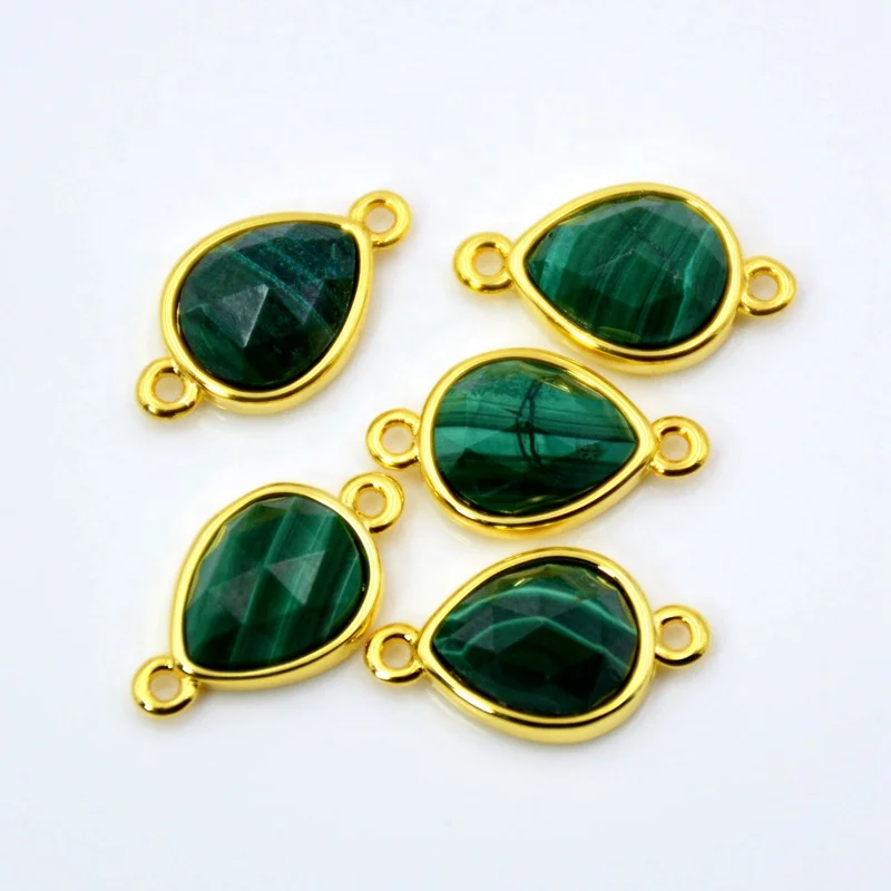 

Faceted malachite green teardrop pear shape Gemstone connector real gold plated setting jewelry charms double bail pendant
