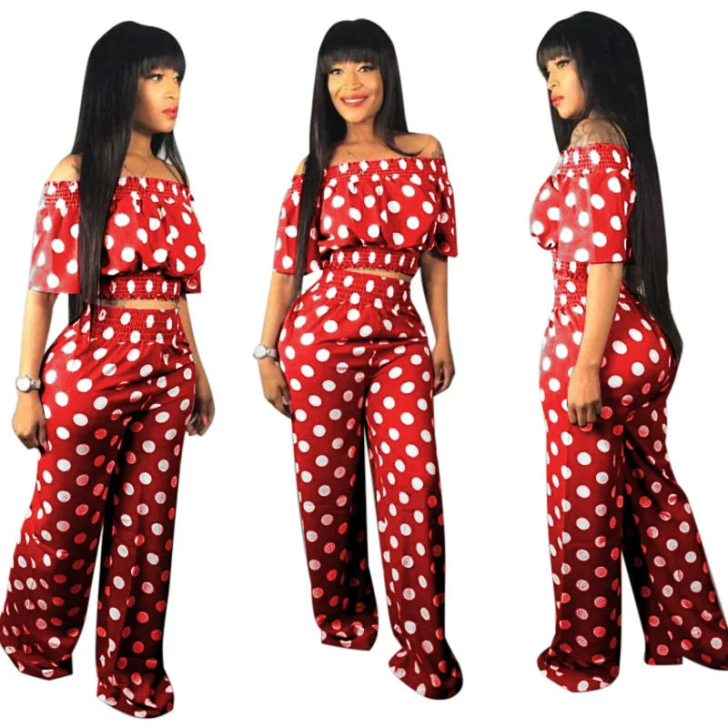 

Women's Summer 2019 Latest Design Printed Dots Off Shoulder Two Piece Tops With trousers bell pants streetwear, Red white black green pink