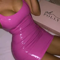 

Women casual sleeveless pu dresses 2019 newest sexy spaghetti strap night club dress