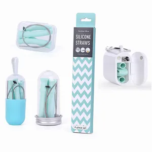 Image of Reusable collapsible silicone drinking straw biodegradable travel folding silicone rubber straw with case