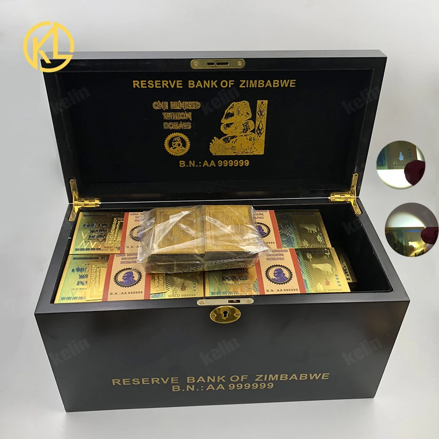 

Free Fedex Shipping 1200pcs One Hundred Trillion Dollars Zimbabwe Gold Banknote in black wooden box with UV lighter watermark