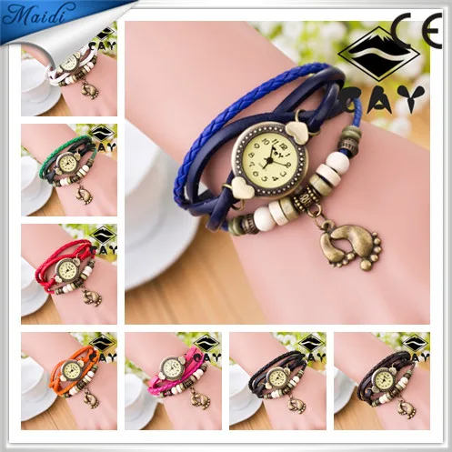 

Free Shipping Alibaba Hot Women Leather Bracelet Watch With Foot Pendant Ladies Casual Retro Wrist Watch Relogio Reloj VW017, 11 different colors as picture