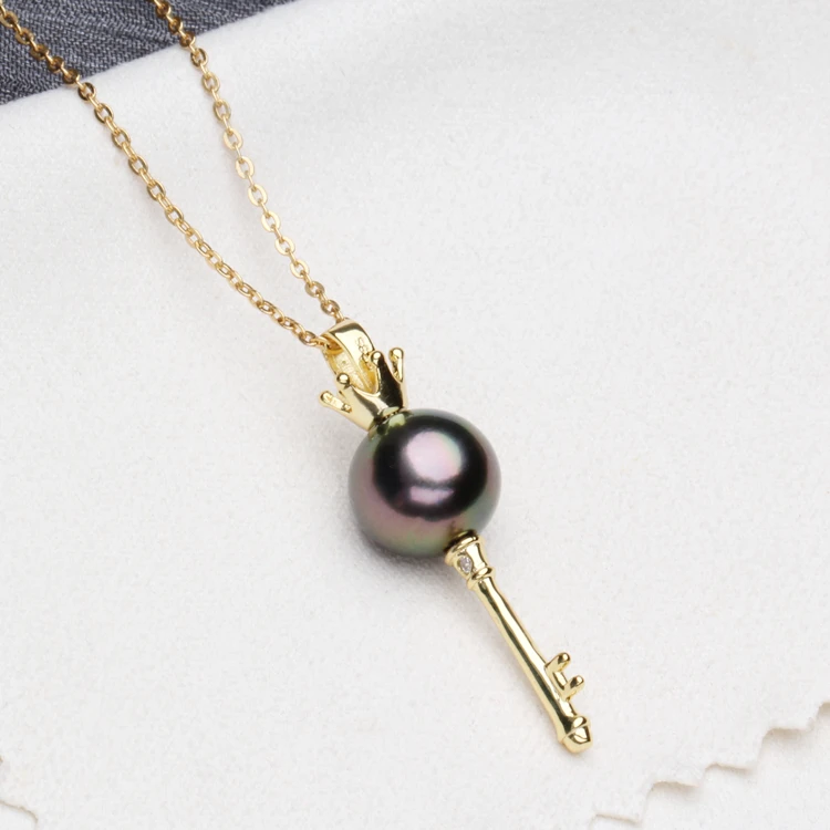 

Natural Tahitian Black Pearl necklace 925 sterling silver jewelry the cute key Necklace accessories women real pearl jewelry