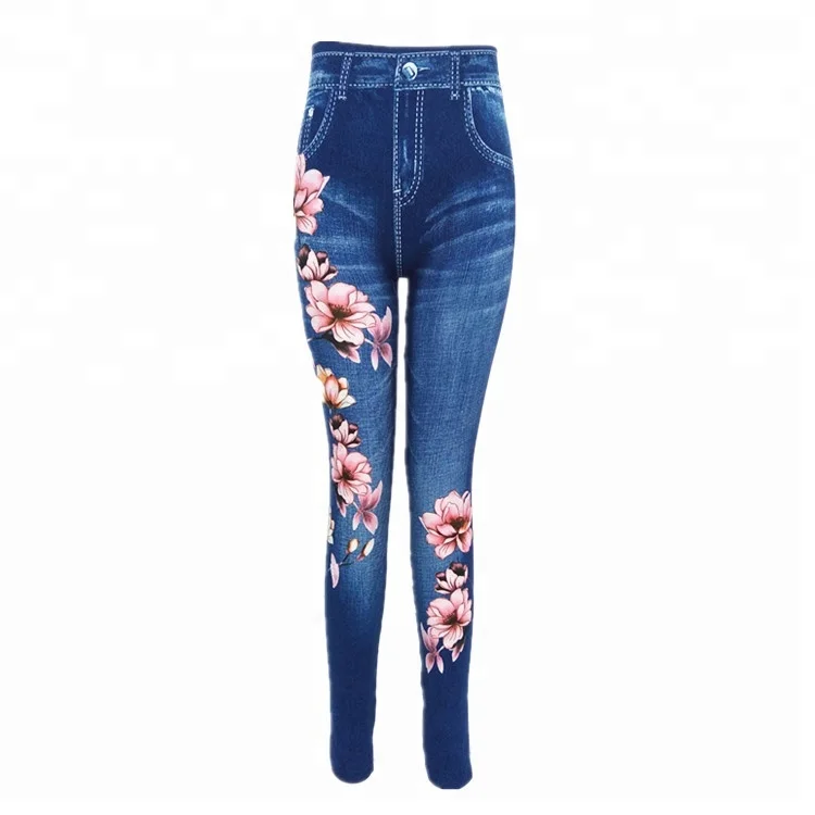 
Womens seamless print flowers sliming jeans legging jegging high elastic denim jean pants 