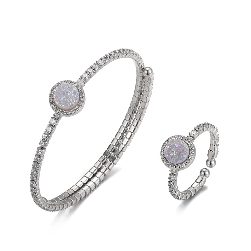 

custom natural druzy stone round heart charms micro pave bracelet ring 925 silver fashion wedding jewelry set for women girls, Opal white /blue /colorful